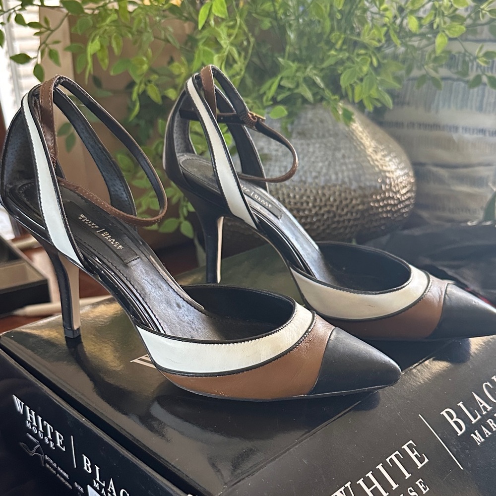 White House Black Market Black, Brown & White Pointed Toe Ankle Strap Heels